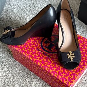 Tory Burch Black Peep Toe Wedges